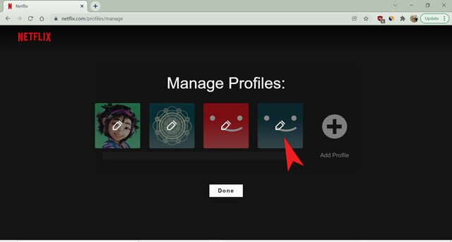 icône de crayon lors de la gestion du profil netflix sur le navigateur Web