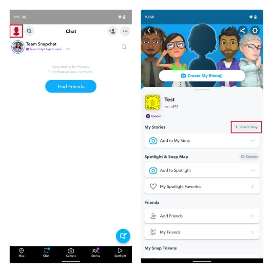 créer une nouvelle histoire privée snapchat