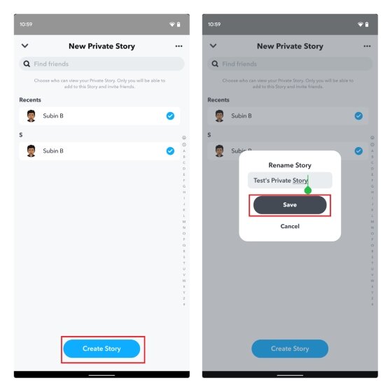 choisissez des contacts et nommez l'histoire de Snapchat