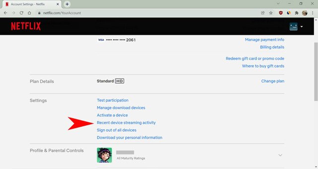 option d'activité de streaming d'appareil récente sur netflix