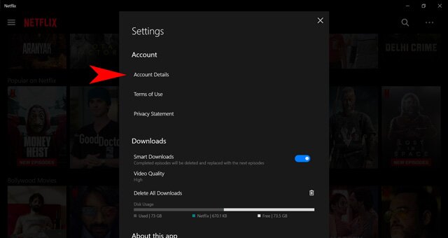 détails du compte sur l'application netflix windows