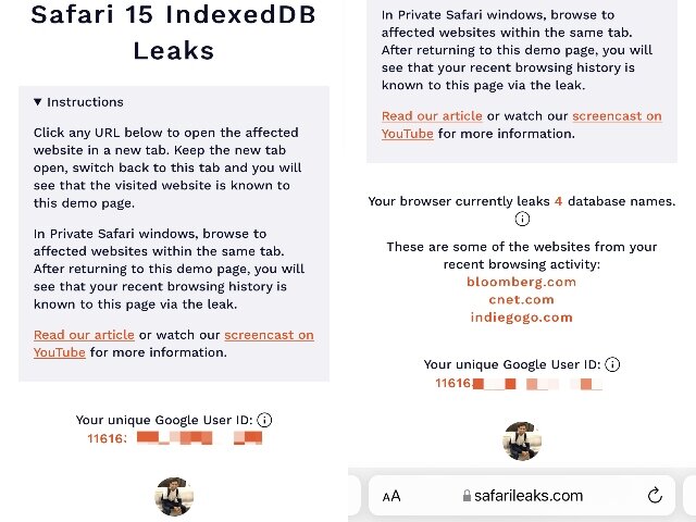Safari 15 IndexDB Bug suit l'historique de navigation et l'identifiant unique de l'utilisateur Google