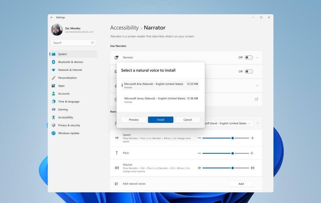 Windows 11 build 22543 nouvelles voix de narrateur activées