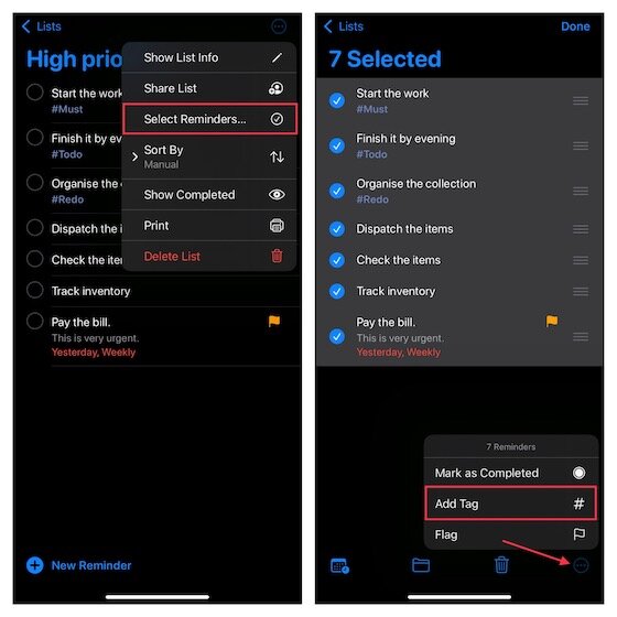 Ajouter des balises à plusieurs rappels sur iPhone et iPad