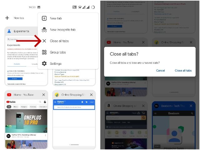 Google Nouveau "Fermer tous les onglets" Boîte de dialogue de confirmation dans Chrome pour Android