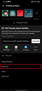 ouvrir les paramètres du compte sur l'application mobile netflix