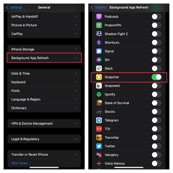 Activer l'actualisation de l'application en arrière-plan pour Snapchat sur iOS