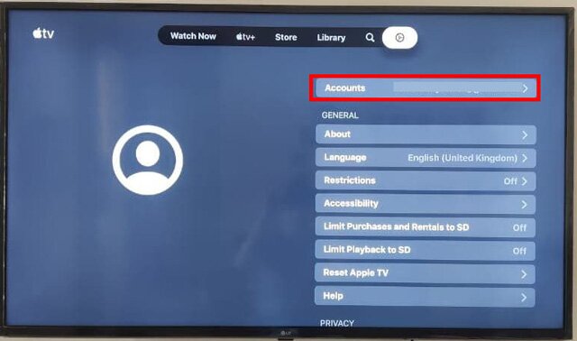 options de compte dans l'application Apple TV+ sur une Smart TV
