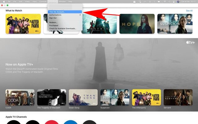 afficher mon option de compte dans apple tv + sur mac