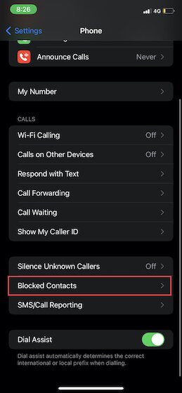 Appuyez sur Contacts bloqués dans les paramètres du téléphone sur iOS