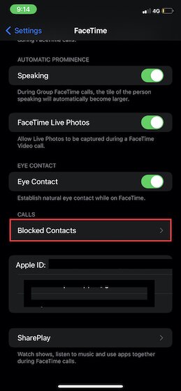 Appuyez sur Contacts bloqués dans les paramètres FaceTime sur iOS