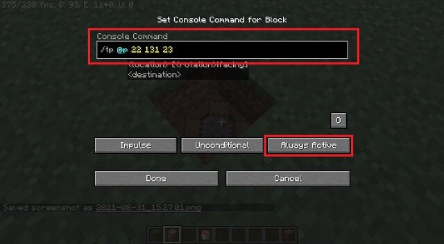 Commande de console dans Minecraft