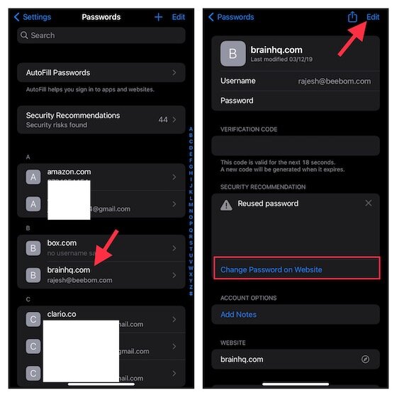 Modifier le mot de passe enregistré pour les sites Web sur iPhone