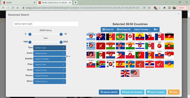 Options de recherche avancées sur uNoGS.com