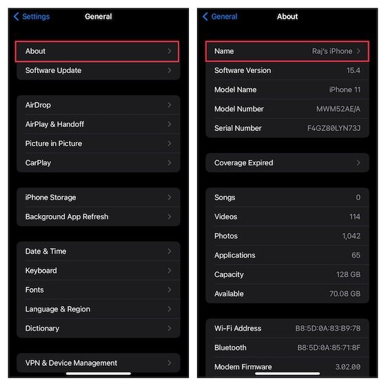 À propos de la section sur les paramètres iOS