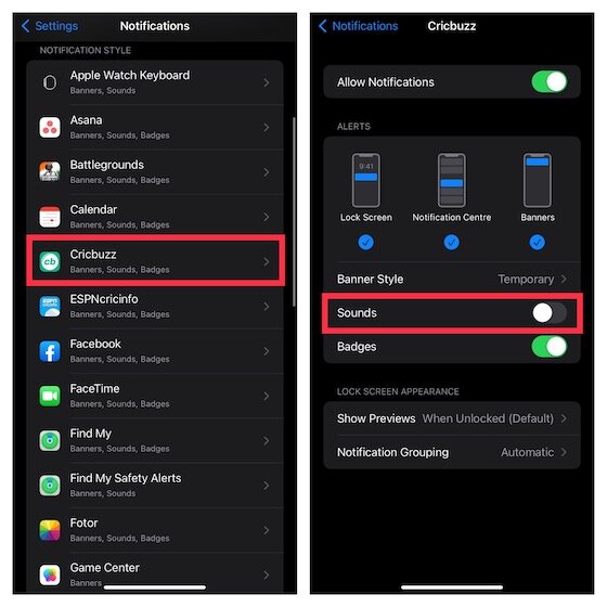 Désactiver les notifications d'application sur iOS