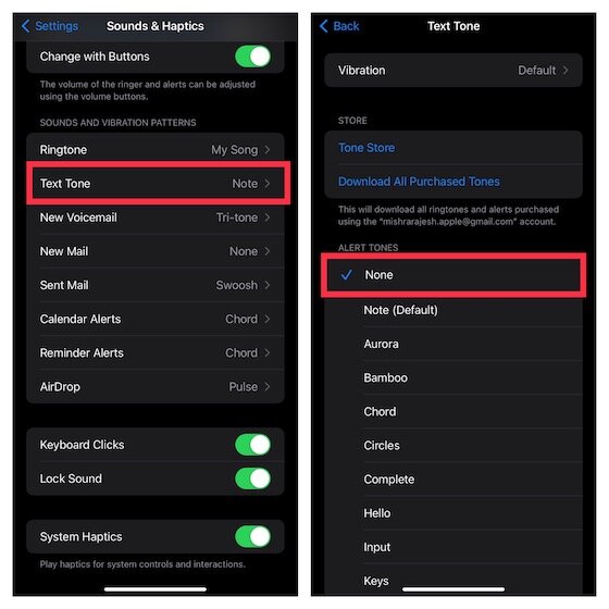 Réglez la tonalité du texte sur Aucun sur votre iPhone