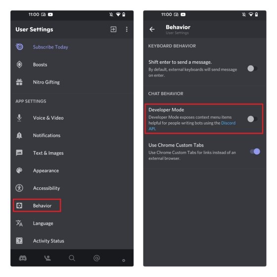 mode développeur discord mobile