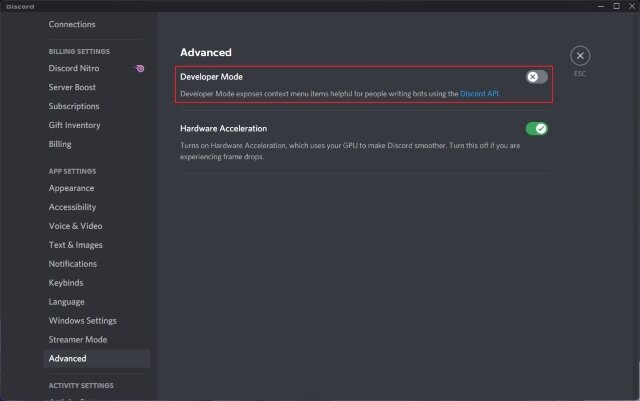 activer le mode développeur sur discord