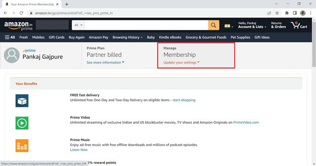 gérer la section d'adhésion sur le compte amazon