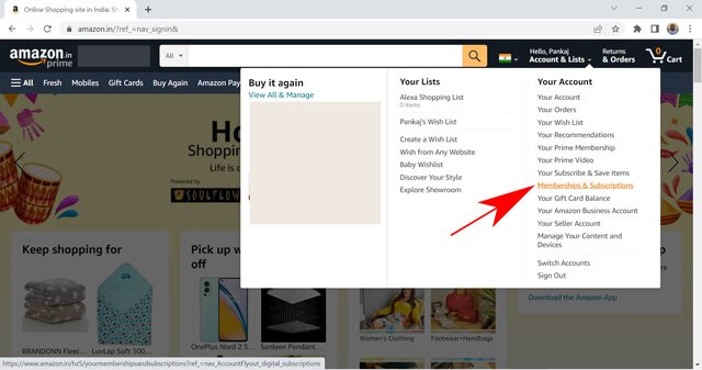 sélectionnez l'adhésion et l'abonnement dans les paramètres du compte amazon