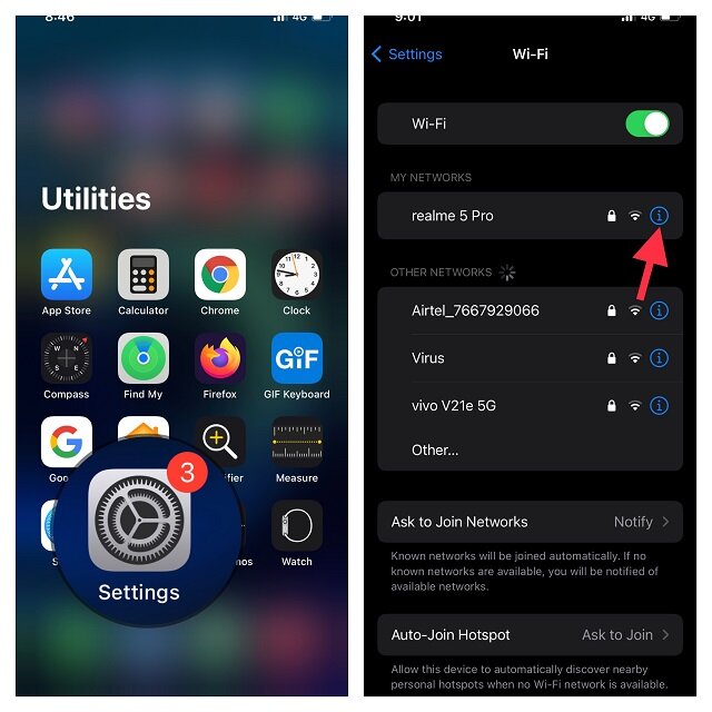 lancez l'application Paramètres et appuyez sur le bouton i
