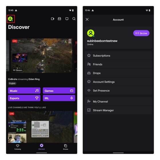 afficher les paramètres du compte twitch