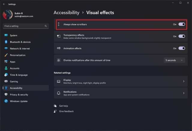 toujours afficher les barres de défilement windows 11