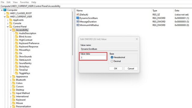 définissez les barres de défilement dynamiques sur 1 pour toujours afficher la barre de défilement dans Windows 11