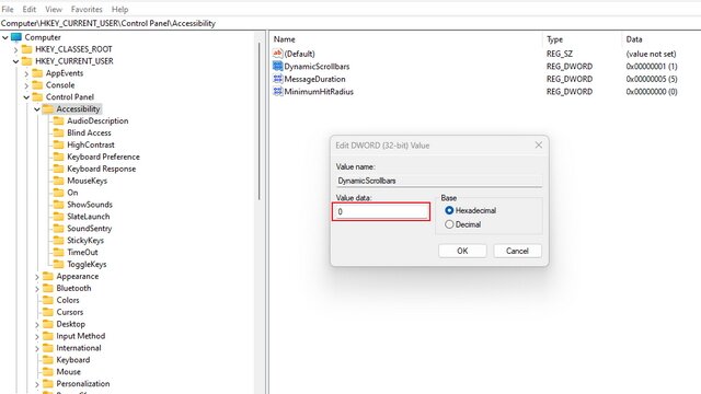 définissez les barres de défilement dynamiques sur 0 pour désactiver toujours afficher la barre de défilement dans Windows 11