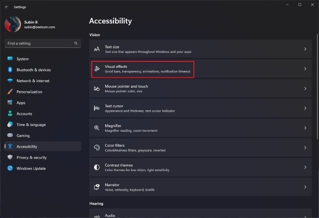 paramètres d'accessibilité des effets visuels